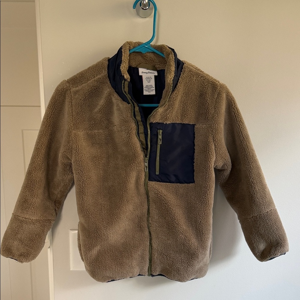 Tommy Bahama Tan Fleece Jacket with Navy Pocket Boys size M 7/8 EUC Warm